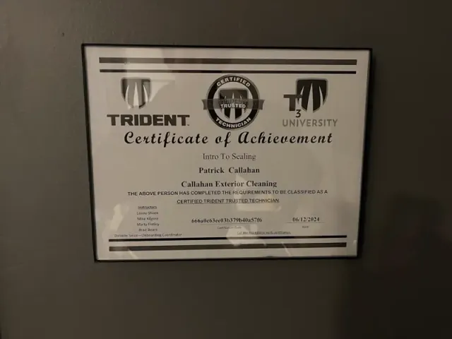 Framed exterior cleaning certificate for Patrick Callahan