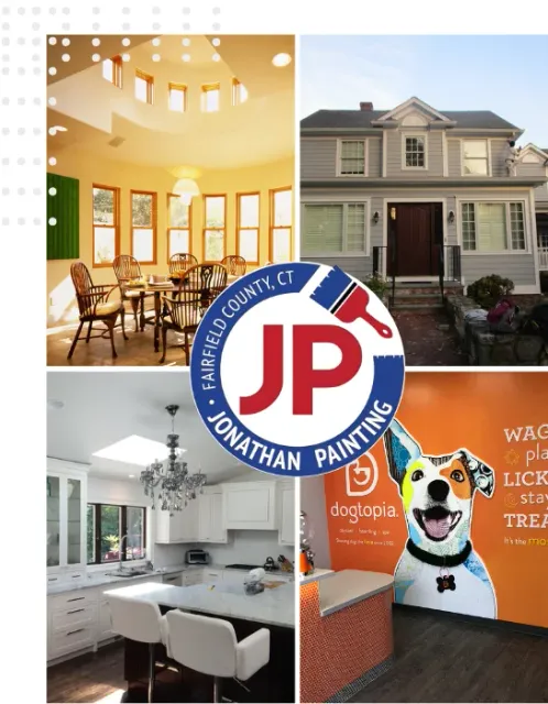 Collage with images of interiors, exteriors, residential and commercial paint service. Jonathan Painting.