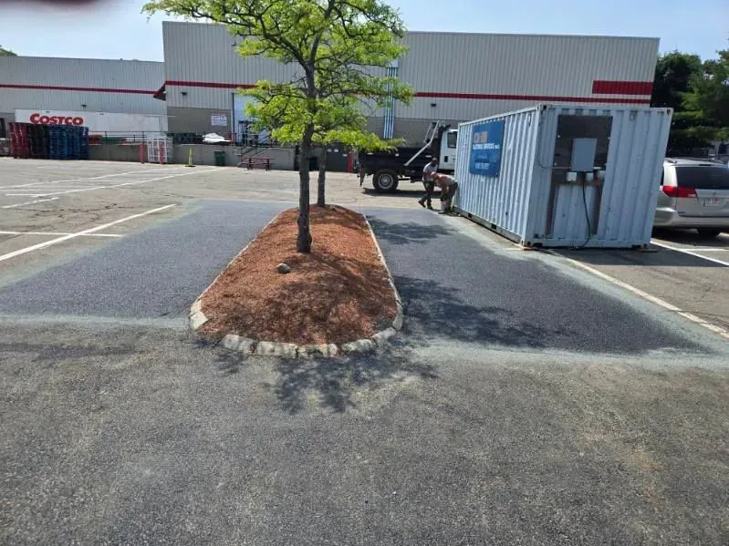 Parking lot with a small tree island, white container, and storefront in the background