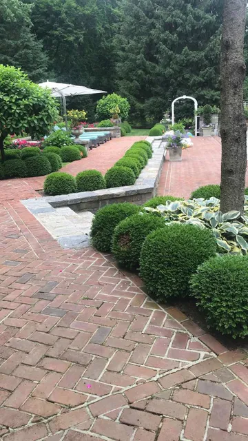 A brick walkway leading to a pool in a garden