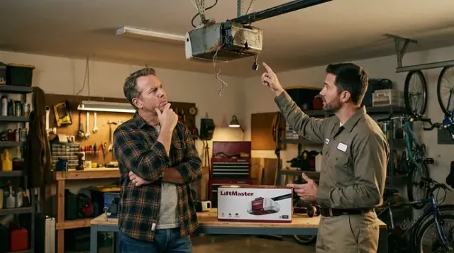 Technician helping homeowner decide between garage door opener repair or replacement