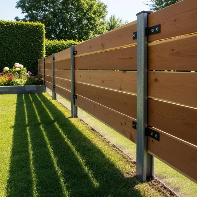 Olympic Fence wood-on-steel privacy fence installation in a Newburyport backyard, showcasing durability and coastal protection.