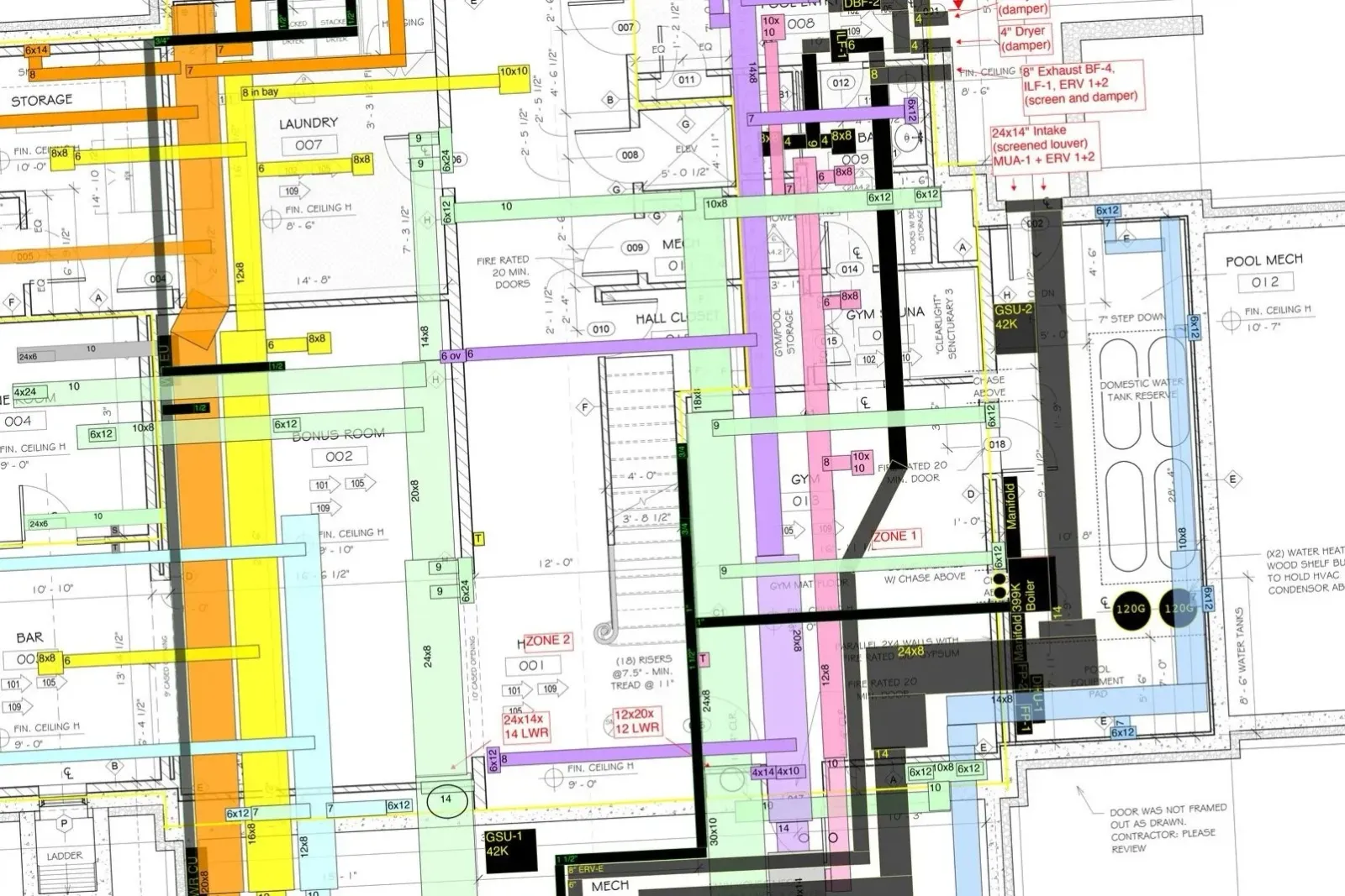 A detailed architectural blueprint of a building's floor plan showing various rooms, including storage, laundry, bonus room, gym, pool mechanical room, and bar. The plan includes numerous colored lines, labels, and measurements indicating different systems and components.