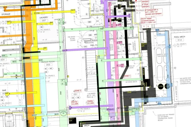 A detailed architectural blueprint of a building's floor plan showing various rooms, including storage, laundry, bonus room, gym, pool mechanical room, and bar. The plan includes numerous colored lines, labels, and measurements indicating different systems and components.