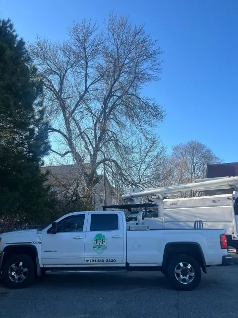 White utility pickup truck with ladder racks parked outdoors beside trees and a blue sky.