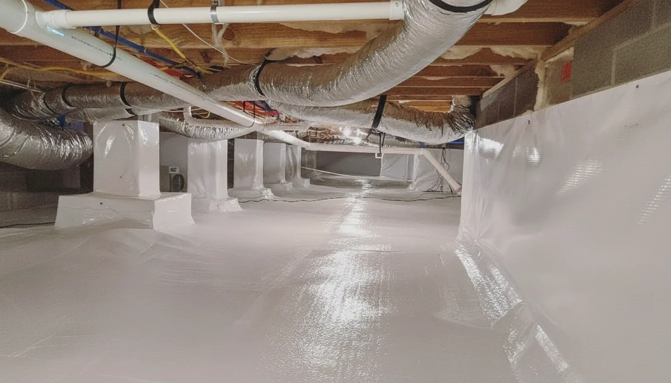 Crawl space with vapor barrier encapsulation installed