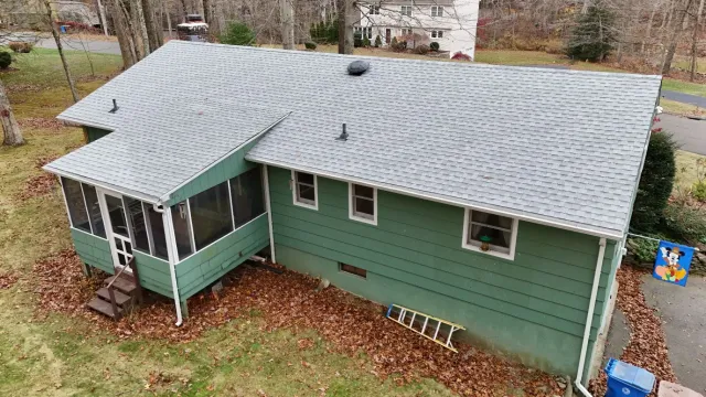 Green house with grey roof, surrounded by trees and fallen leaves.