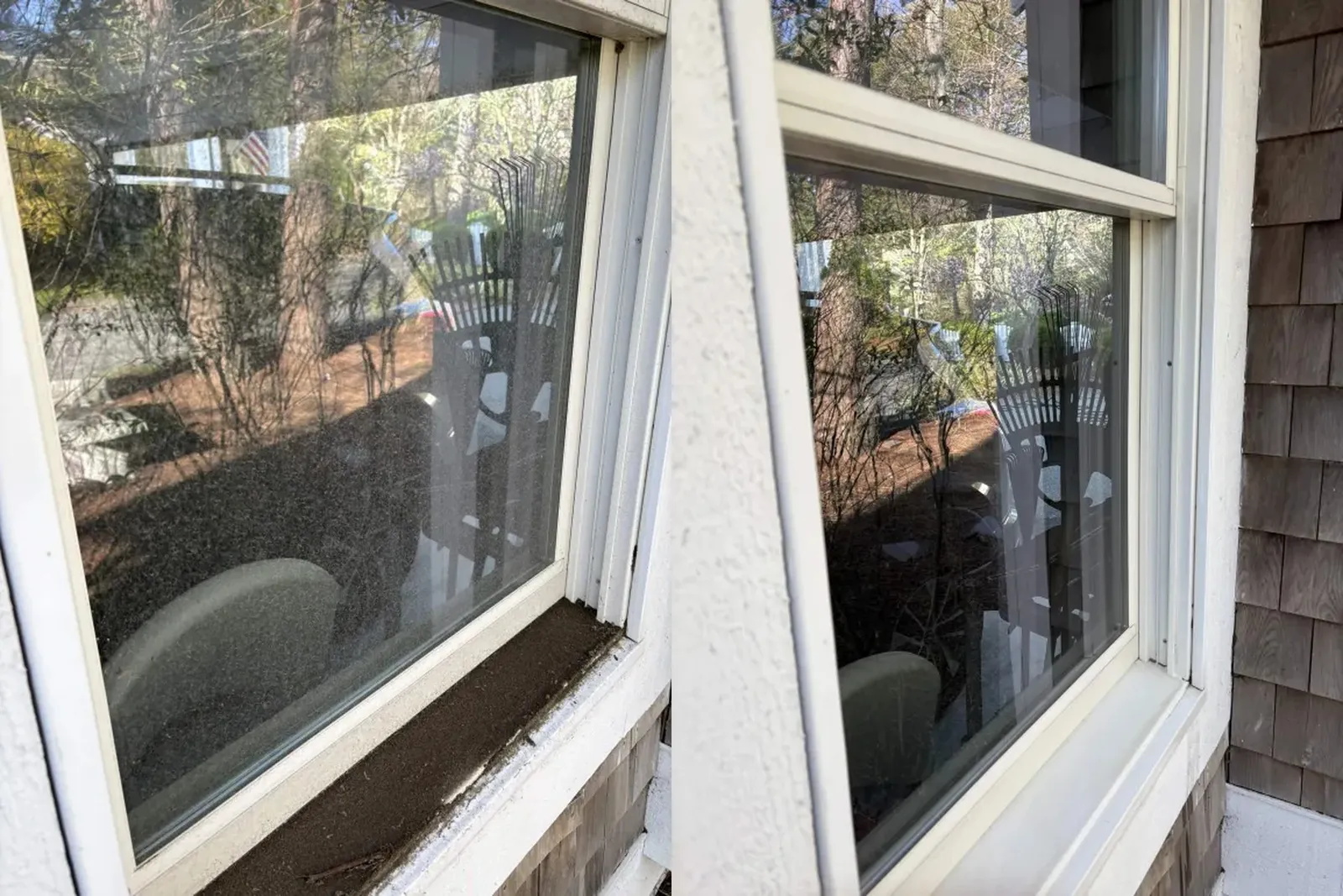 Exterior window cleaning before and after pollen dust and grime removed from glass and sill Plymouth Massachusetts