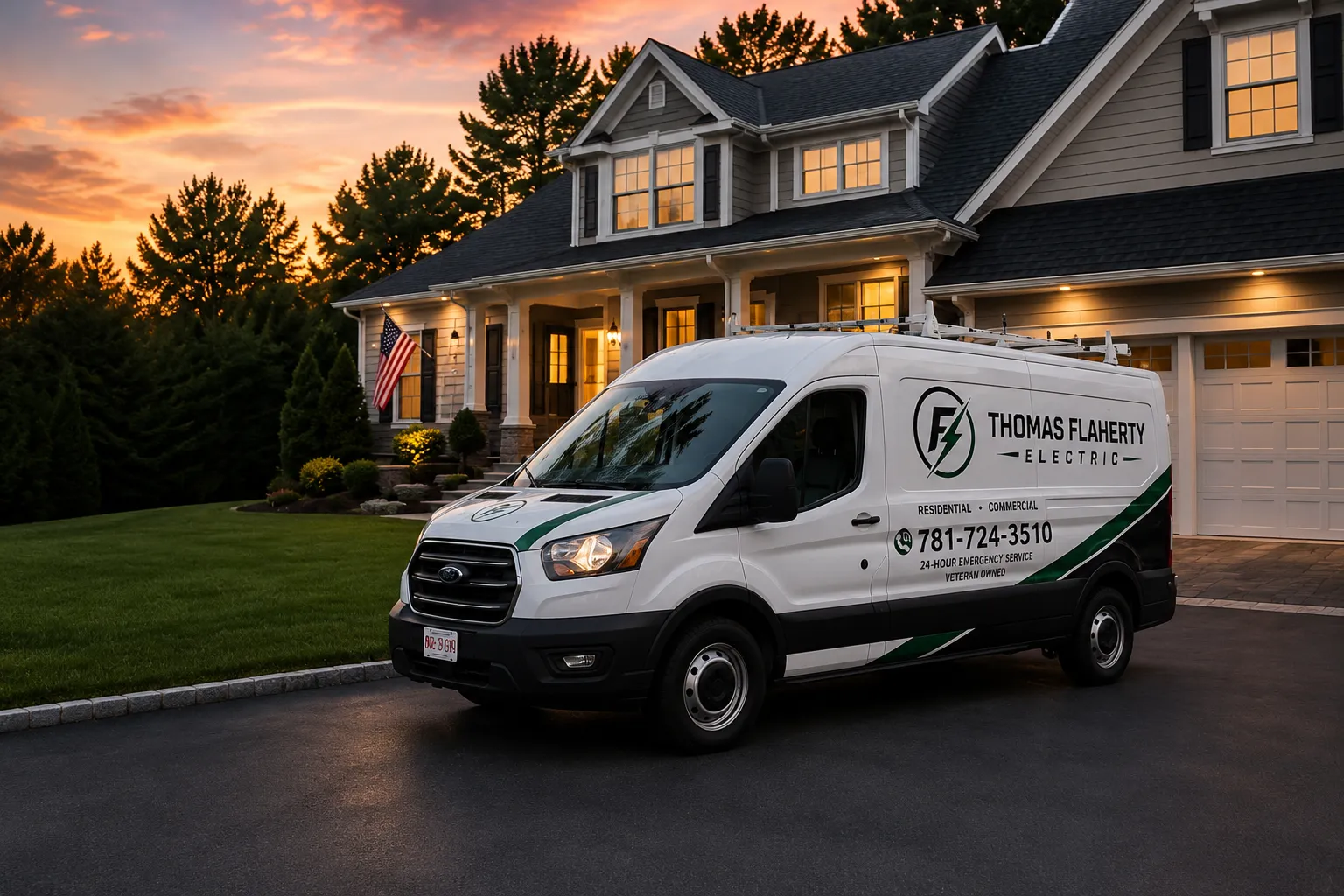 Thomas Flaherty Electric service van in front of a South Shore home