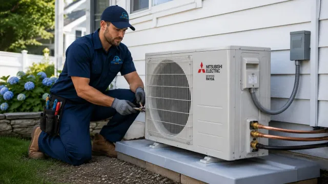 Technician installing an outdoor heat pump unit