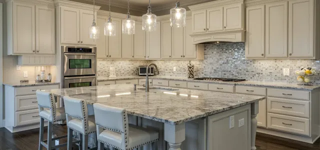 Remodeled kitchen with granite island and custom cabinets by Mr. Gomes Remodeling in Massachusetts