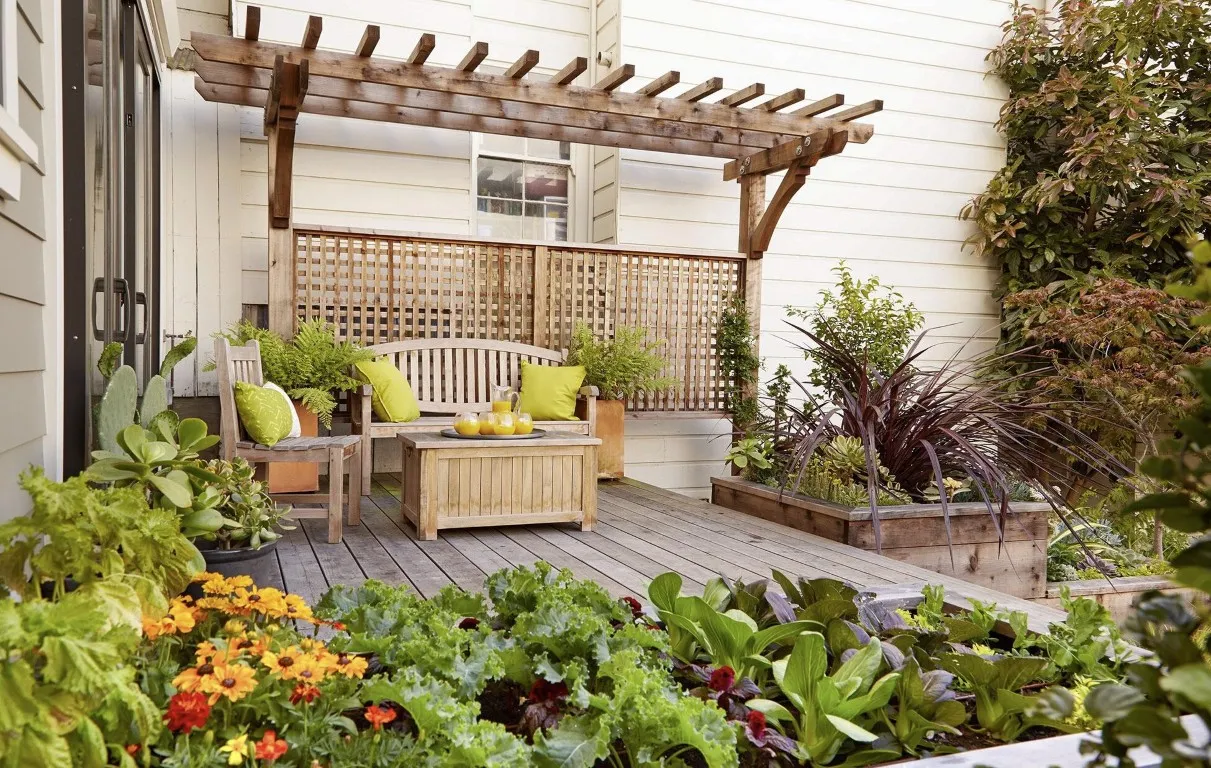 Wooden deck with pergola and container gardens in Brookline, MA