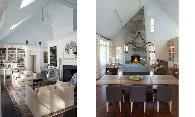 A living room and dining room with fireplace