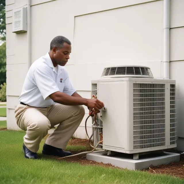 A man is working on an air conditioner outside of a house