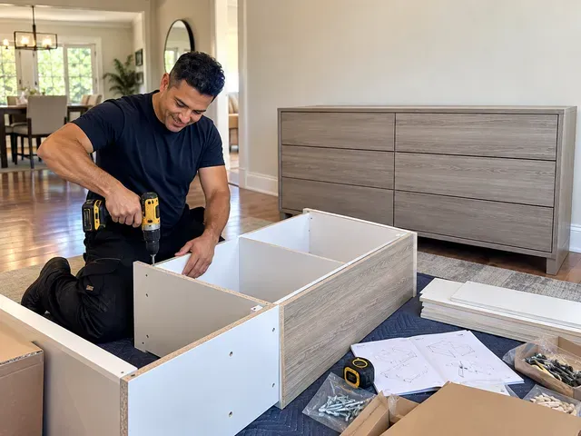 Man assembling a white dresser in a bright living room with tools and open drawers