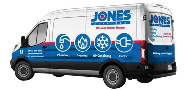 A white van with "Jones Services" branding and icons for plumbing, heating, air conditioning, and electric services, along with company contact information printed on the side.