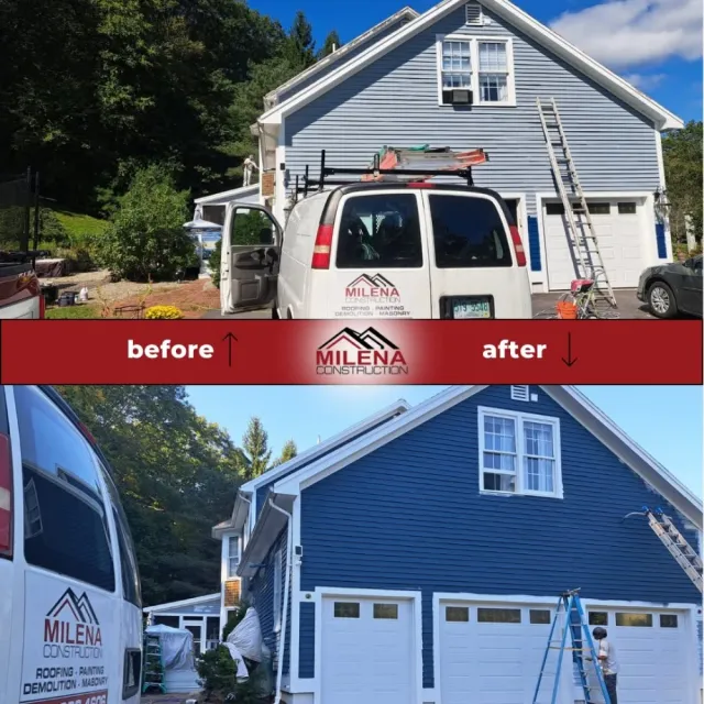Before and after: full exterior repaint on a blue New Hampshire home