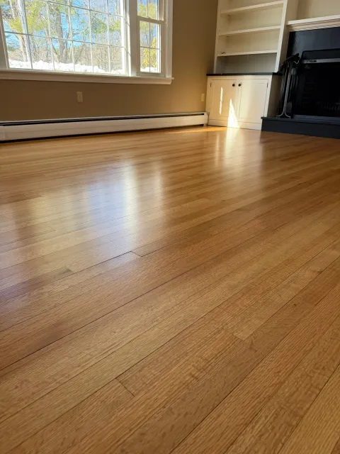Empty living room with hardwood floors, large window showing trees outside, fireplace, and white built-in cabinets.