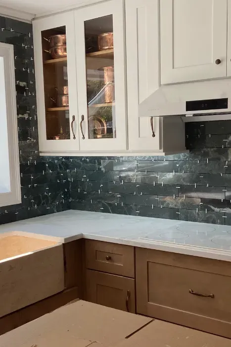 Two-tone kitchen with white upper and walnut lower cabinets, marble counter and green by SF Construction in Southborough, MA