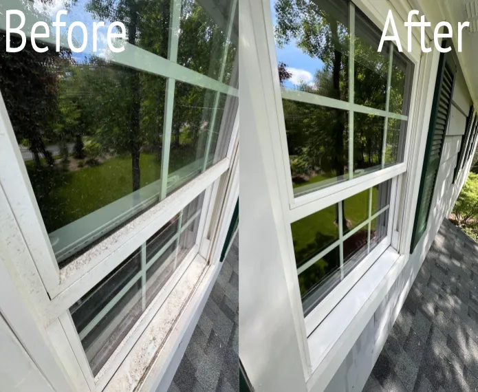 Side-by-side comparison of a window before and after cleaning. The 'Before' side shows the window frame and glass covered in dirt and grime, while the 'After' side shows a clean, white window frame and clear glass reflecting the outdoor scenery.