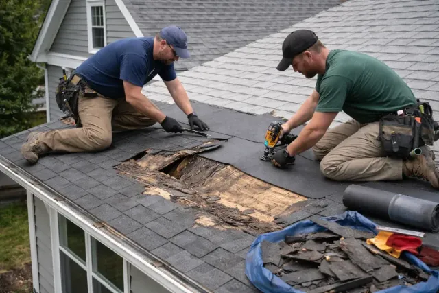 Two roofers performing repair work on a damaged roof, removing old shingles and installing new materials to ensure durability against North Shore weather conditions.