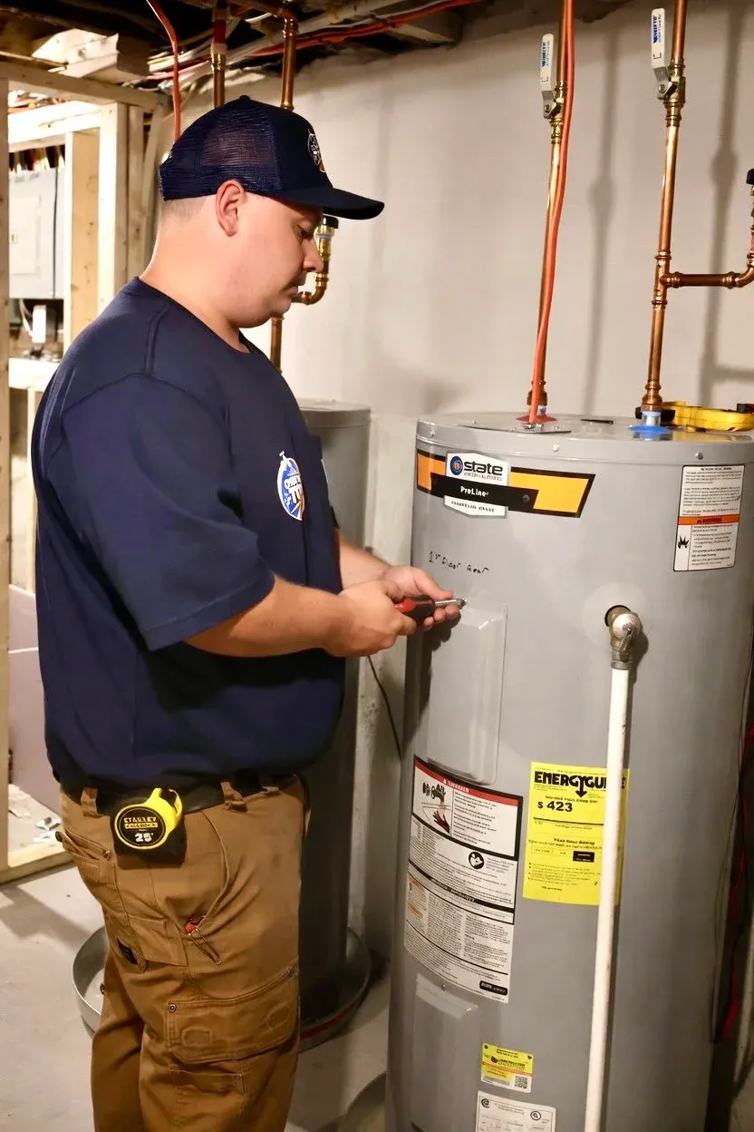 Over the Top Plumbing Solutions plumber servicing a residential water heater.