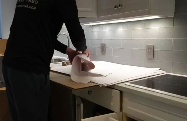 Packer wrapping kitchen items on site