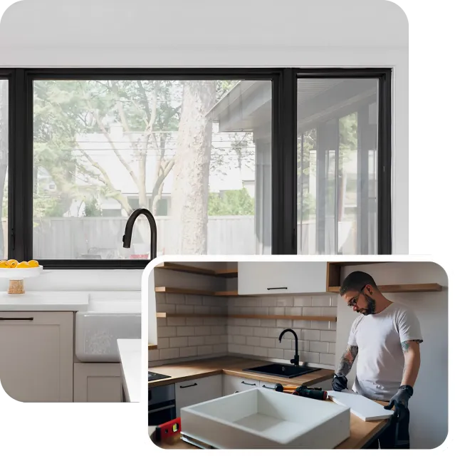 Man installing kitchen cabinets and sink.