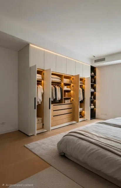 A built-in closet with open doors reveals storage for clothes, shoes, and a vacuum cleaner.