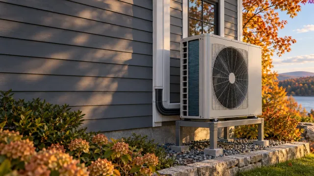 Illustrative outdoor heat pump beside a New England home