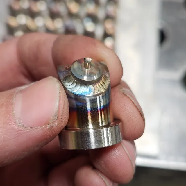 Stainless injector nozzles, one part of a few (swipe <----) that we make/weld onto an assembly. Each and every weld on all final assembly parts gets X-ray, dye penetrant and hydro tested before being shipped to Saudi Arabia and installed into massive turbines. #optimum #stainless #gtaw #tig #weld #welding #madeinusa #madeinct #machining #cnc #cncmachining #millerwelders