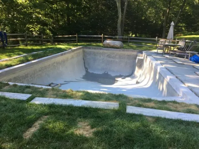 An empty, drained concrete swimming pool in a grassy backyard with stone patio borders, trees, and a wooden fence.