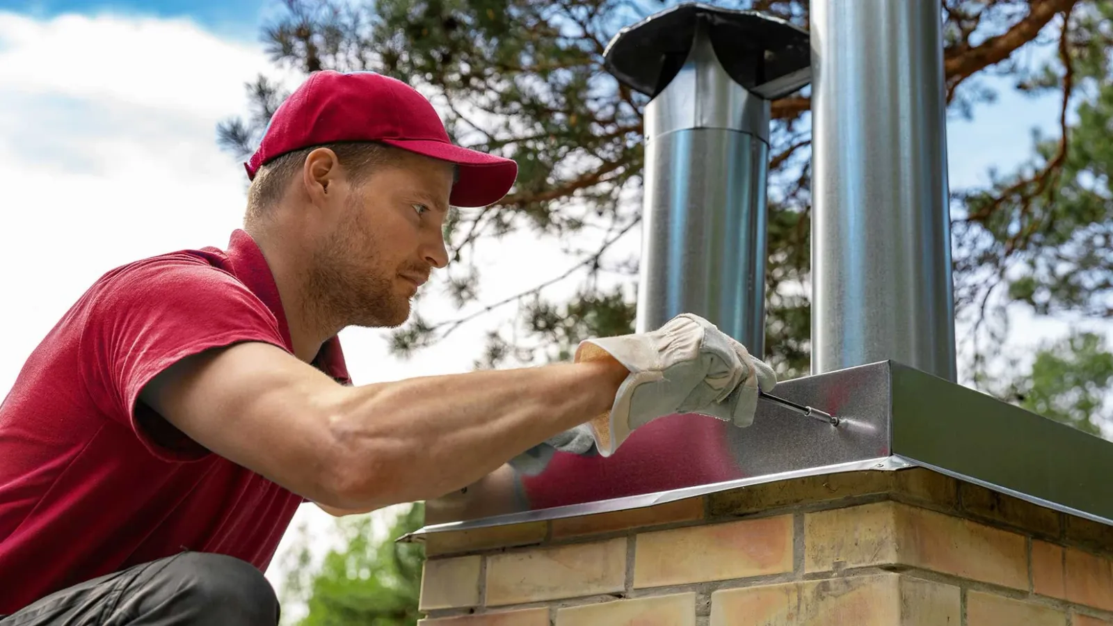 Man installing chimney cap