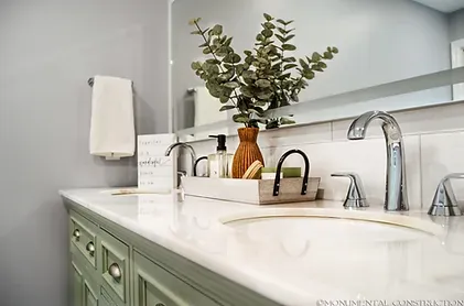 Green and off white Vanity with Tile Wall