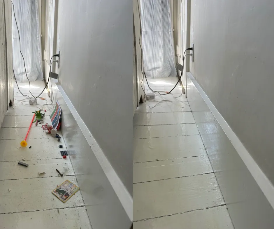 Side-by-side comparison of a cluttered bedroom floor before and after deep cleaning, showing scattered toys, debris, and cords on the left, and a clean, empty floor on the right.