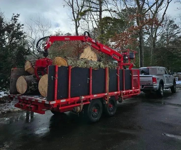 Red truck hauling a trailer piled with cut logs on a wet roadside under gray skies
