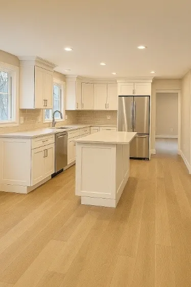 Completed kitchen remodeling featuring custom cabinetry and modern design by A. Mass Flooring & Tile