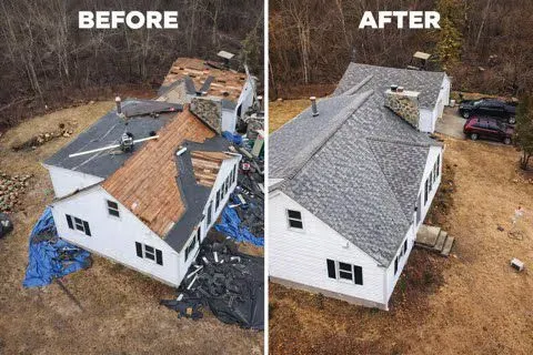 Before-and-after aerial view of a roof replacement on a white house with gray shingles.