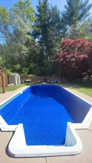 Empty in-ground swimming pool with blue interior in a backyard, surrounded by green grass, trees, and a wooden fence.