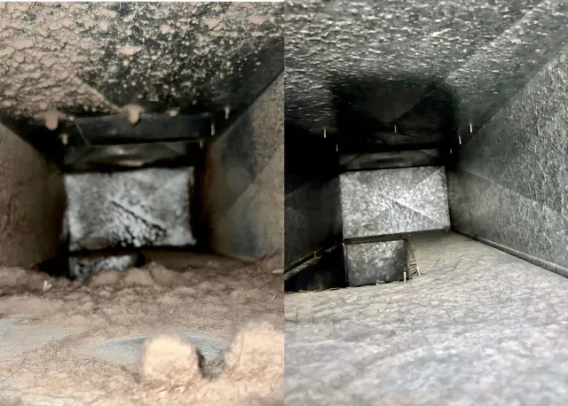 Left: Dusty air duct. Right: Cleaned air duct. Comparison showing dirt removal process.