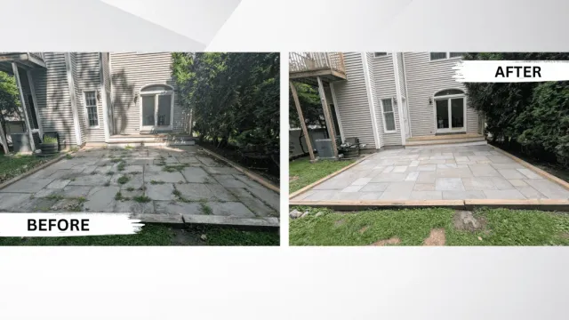 Before and after power washing patio in Connecticut with clean stone surface and refreshed outdoor space