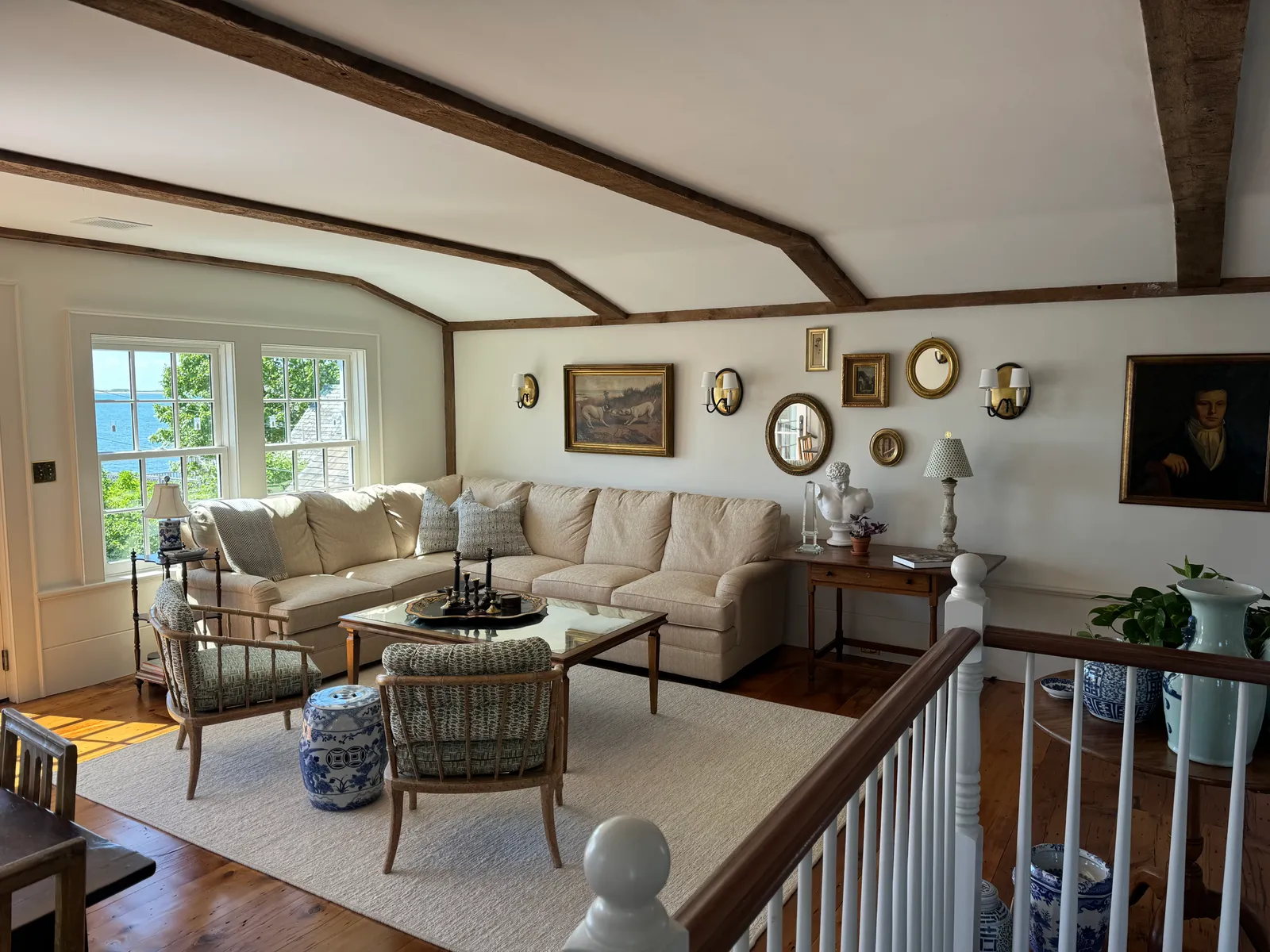 Restored living room with beamed ceiling