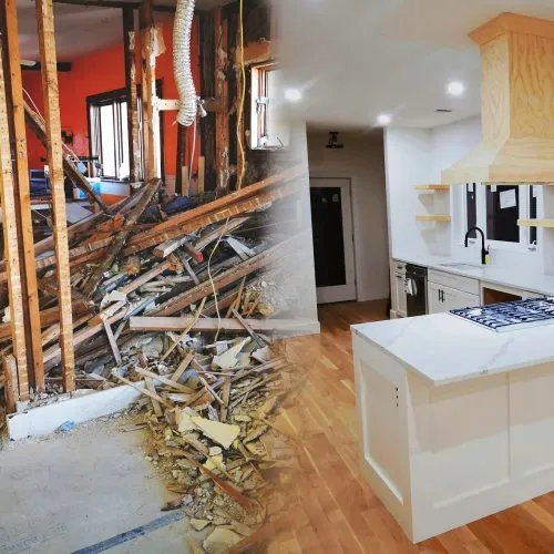 House Construction Framing Gradating Into Finished Kitchen Build.