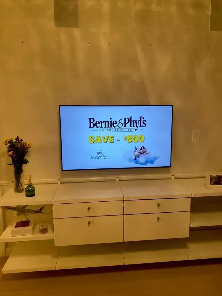 Living room TV displaying a Bernie Plus savings promo above a white console cabinet