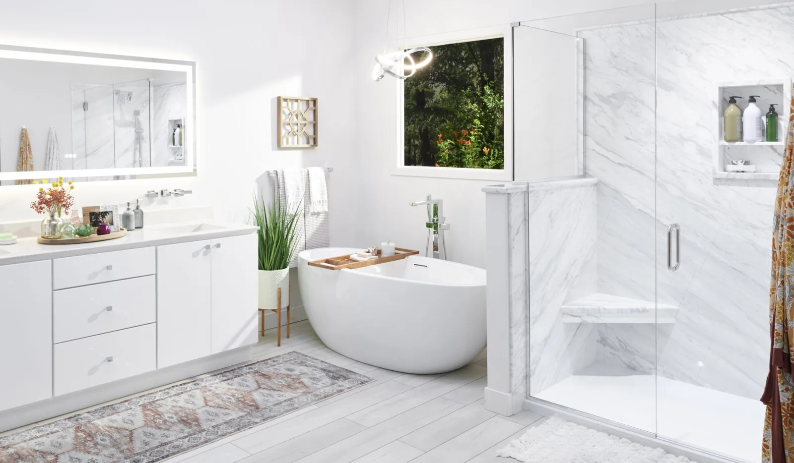 Re-Bath's Volakas Contemporary bathroom design featuring a bathroom vanity with two sinks. The vanity has a light wood finish with a gray countertop, two rectangular white ceramic sinks, each with a chrome faucet.