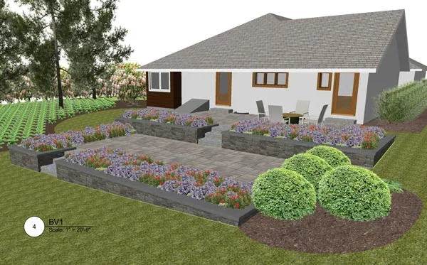 3D render corner view landscape stone patio design