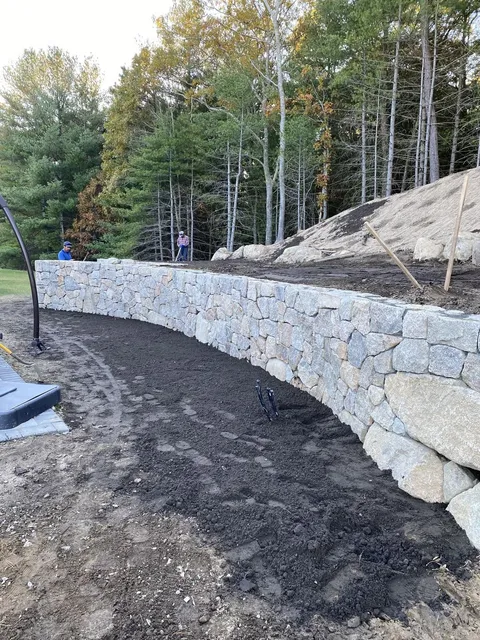 A long curving fieldstone retaining wall under construction at the edge of a wooded property, fresh mulch path along its base