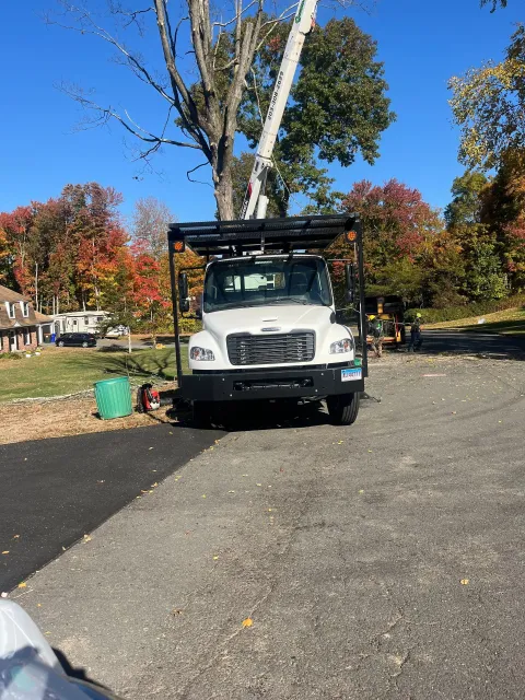 White utility truck parked on a gravel drive with autumn trees in the background
