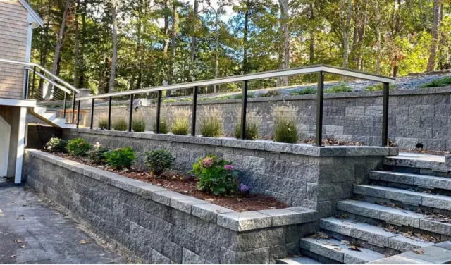 Two-tier stone retaining wall with steps