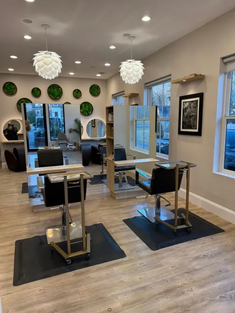 Bright salon with styling chairs, mirrors, and pendant lights on a wood floor